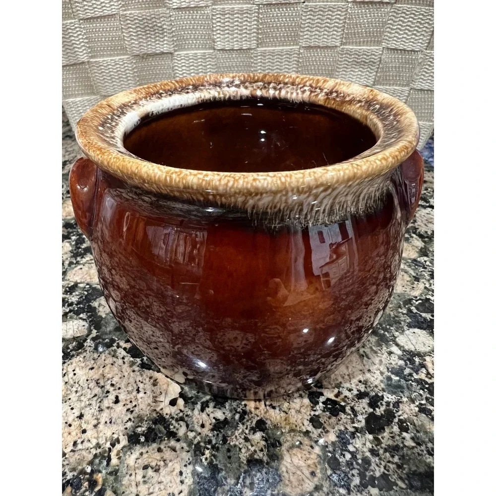 Hull Pottery Mirror Brown Drip Glaze Bean Pot Crock Oven Proof USA Vintage